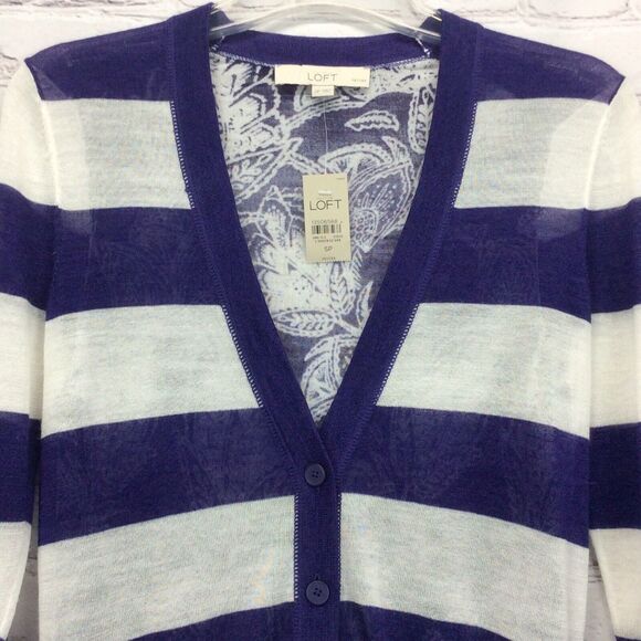 Ann Taylor Loft Cardigan Womens Size SP Purple Striped Floral Back Petite Button - Picture 3 of 7